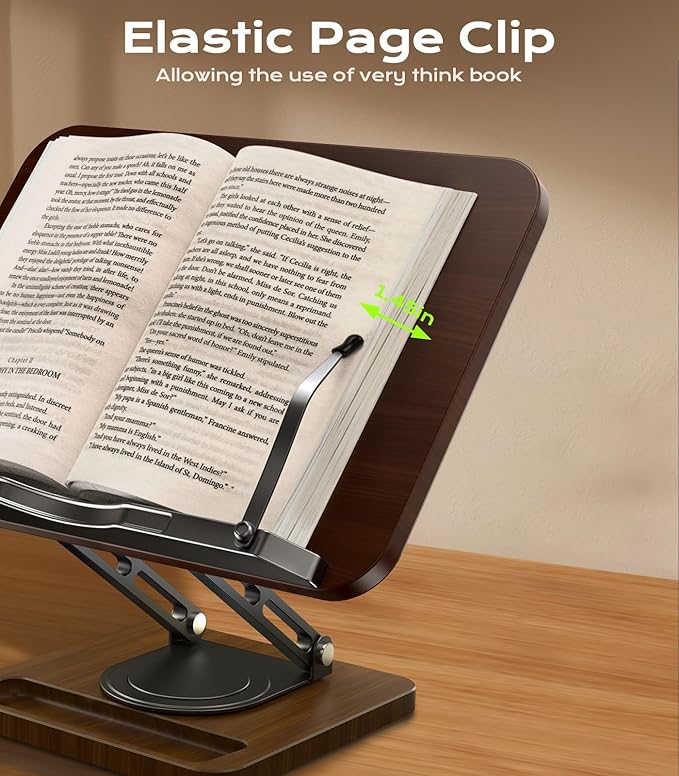 LOXP Ergonomic Book Stand for Reading, 360° Rotating Holder with Page Clip | Adjustable height angle, Storage Base, Hands-free, anti-slip, Fits tablets cookbooks magazines laptops, wood and metal - Image 6