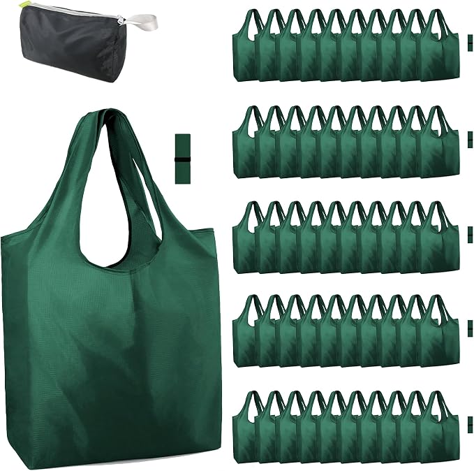 BeeGreen Christmas Green Reusable Grocery Bags Dark Green Reusable Kitchen Bags Bulk Foldable-Machine Washable with Zipper Storage Pouch 50 Packs by BeeGreen