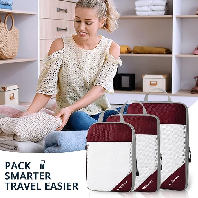 3 Set Compression Packing Cubes for Travel - Compressible, Lightweight, and Space-Saving Packing Cubes, Travel Essentials for Women, Wine - Image 7