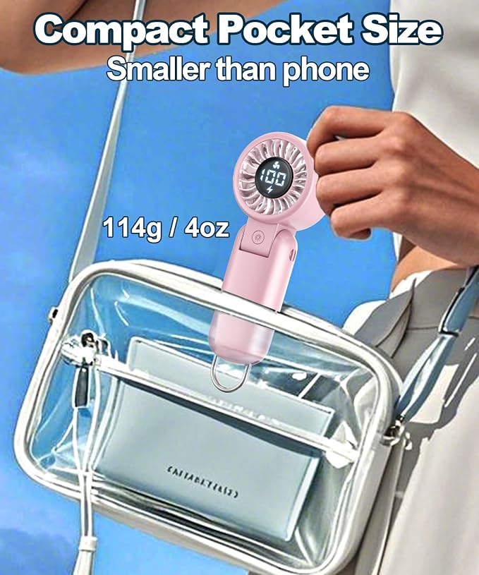 BEYYON Portable Handheld Turbo Fan, Travel Essentials, Gifts for Women/Men | LED Display, 5-Speed, Powerful Airflow, USB Rechargeable, Lanyard, Foldable Personal Fan for Cruise, Beach, Vacation - Image 6