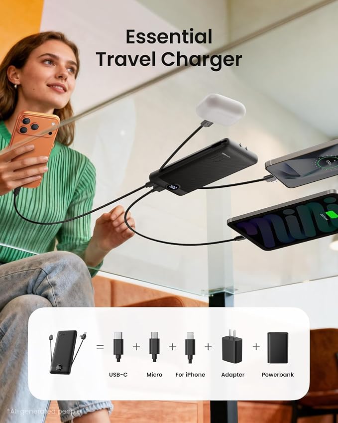 Portable Charger with Wall Plug, Slim USB C Power Bank with Built-in Cables, 10000mah LED Display External Battery Pack Compatible with iPhone/Android & More (Black) - Image 6