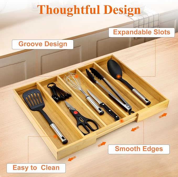 Expandable Bamboo Silverware Drawer Organizer Large Kitchen Utensils Tray | Wide Cooking Utensils Drawer Big Spoon Divider Adjustable Tongs Spatula Organizer Knife Cutlery Tray Wood Flatware Holder - Image 6