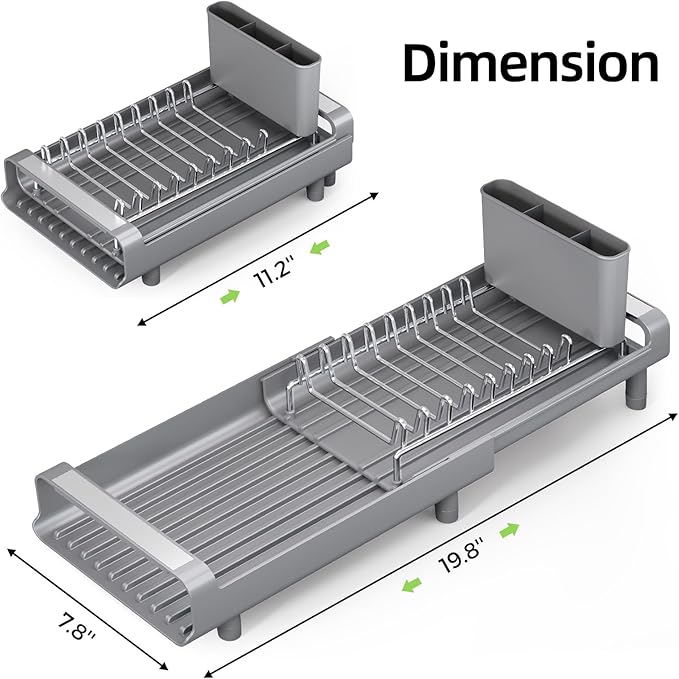 TOOLF Small Dish Drying Rack, Expandable and Space-Saving, Gray | Mini Dish racks for kitchen counter, Compact Design Fits Sink or Counter, Stainless Steel Plate Rack, 11"-19.3"L×7.7"W×3.54"H - Image 9