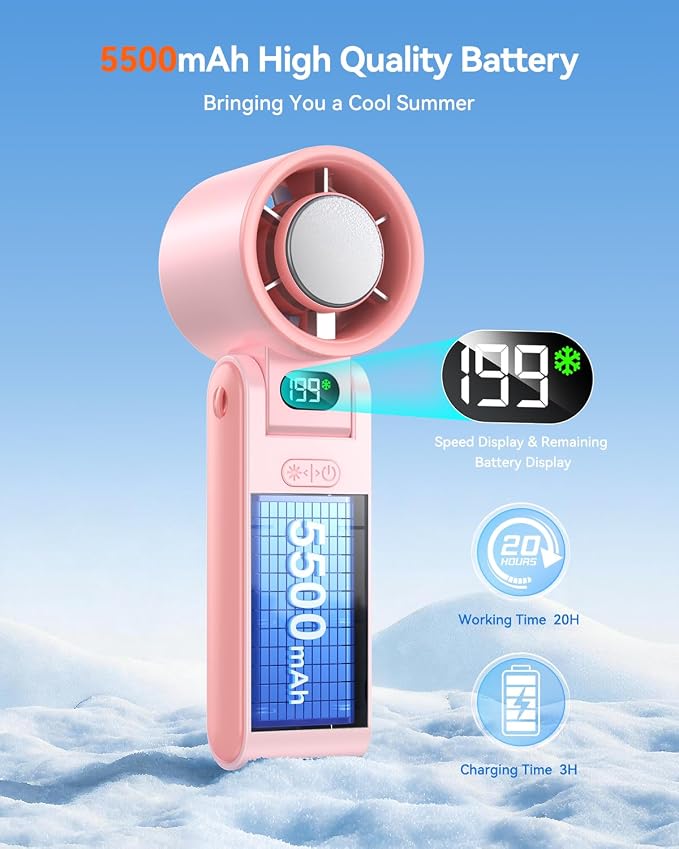 Portable Handheld Fan with Ice Cooler, 199 Speed Personal Fan,5500mAh Rechargeable,20H Cooling Time,20000 RPM Powerful Motor, Summer Essential for Travel/Outdoor/Office, Pink - Image 5