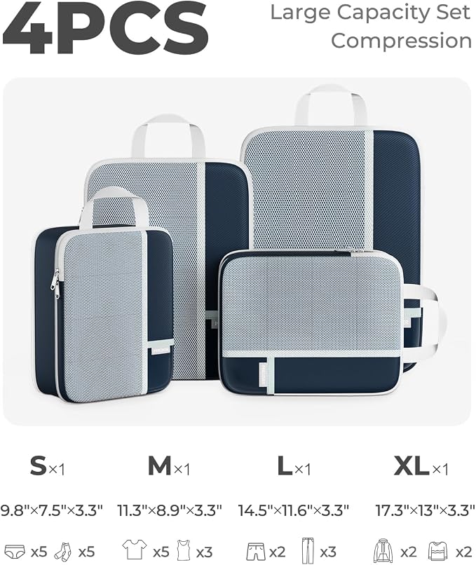 Percover Compression Packing Cubes for Travel, 4-Piece Structured Compression Organizer Set with Label Pockets for Carry-On & Checked Luggage, Navy Blue - Image 2