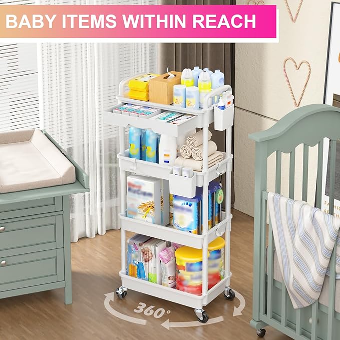 Goovilla 4 Tier Rolling Utility Cart Organizer with Removable Drawer, White | Stable and Sturdy Rolling Storage Carts with 2 Lockable Wheels for Bathroom, Kitchen, Snack, Craft, Makeup, Baby Essentials - Image 6
