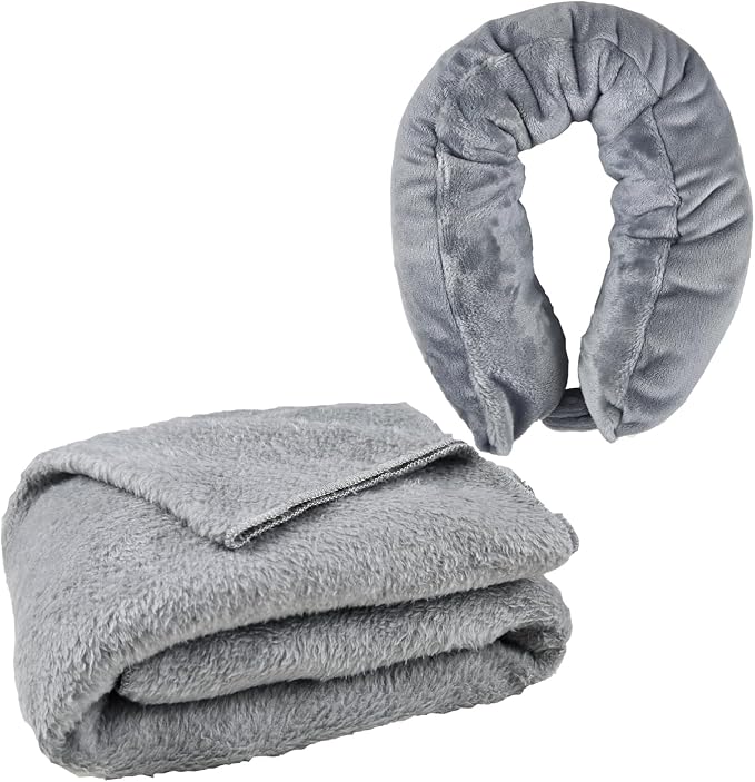 Travel Pillow/Travel Blanket 2-in-1 for Airplanes,Soft Warm Blanket | Roll up as a pillow,Portable Blanket for Airplane,Camping,Office(Gray) by lomitech