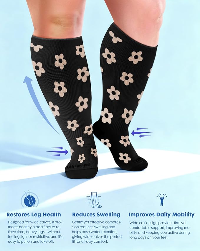 3-Pair Wide Calf Compression Socks for Women | 20-30mmHg Graduated Support, Easy On & Off, Knee High Length, Ankle Support, Travel Nurse Daily Wear, Cute Patterned - Image 6