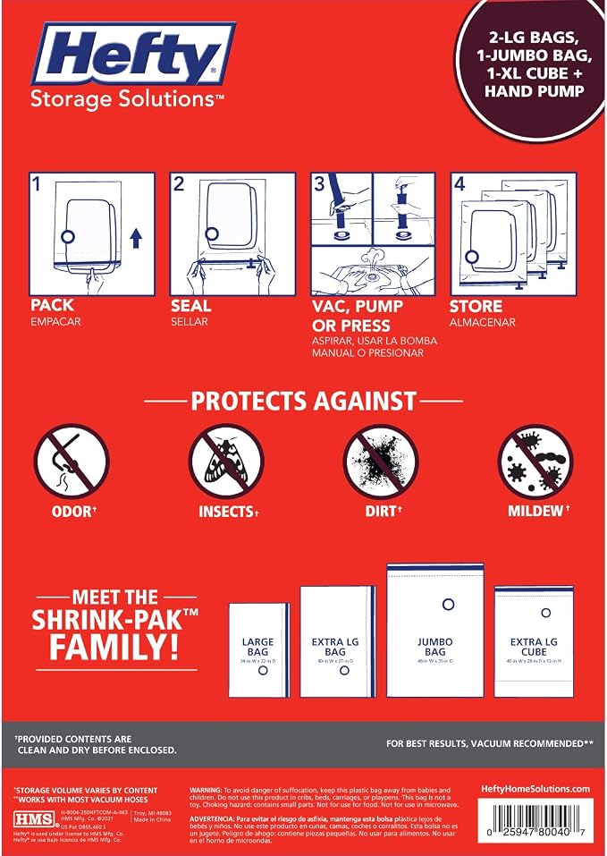 Hefty Shrink-Pak Starter Kit - 2 Large, 1 XL Cube, 1 Jumbo Vacuum Seal Storage Bag and Hand Pump – Space Saver Bags for Clothing, Pillows, Towels, or Blankets, 5 Pc Set - Image 2