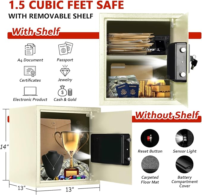 Voncabay Money Safe Box for Home with Digital Keypad, 1.5 Cu. Ft., White | Alloy Steel, 2 Fireproof Bags, Digital Keypad with Display, Removable Shelf, Alarm System, 14 x 13 x 13 In. - Image 2