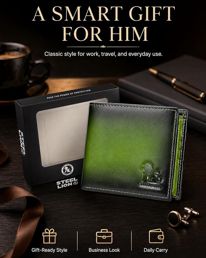 Men's Cowhide Leather RFID Wallet, Slim Bifold (Green) | 2 Clear ID Windows, 10 Card Slots, Zipper Coin Pocket, Gradient Finish for Business, Travel, Daily Carry and Gifts - Image 7