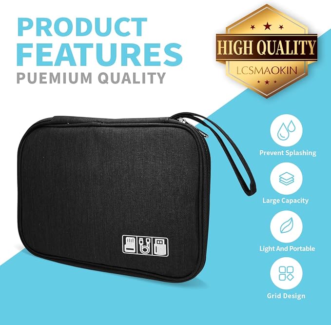 Lcsmaokin Electronics Organizer Travel Case,Electronic Accessories Storage Bag,Portable Waterproof Cable Organizer Bag,with 5 Cable Ties，for Travel,Work-Black - Image 3