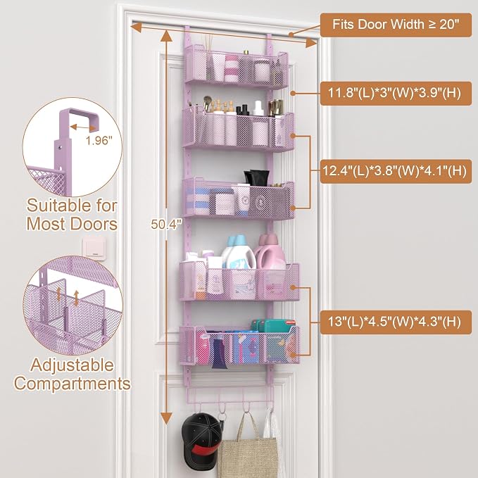 VyGrow Over The Door Organizer, Metal Door Organizer Hanging with 5 Adjustable Baskets and Coat Hook, Behind The Door Storage for Bedroom Closet Bathroom Pantry Cabinet Kitchen, Purple - Image 3