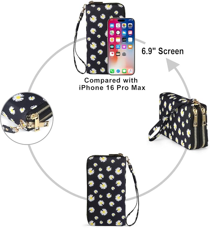 RFID Blocking Cellphone Wallet for Women with Wrist Strap, Double Zipper Travel Clutch Purse Large Capacity, Daisy - Image 6