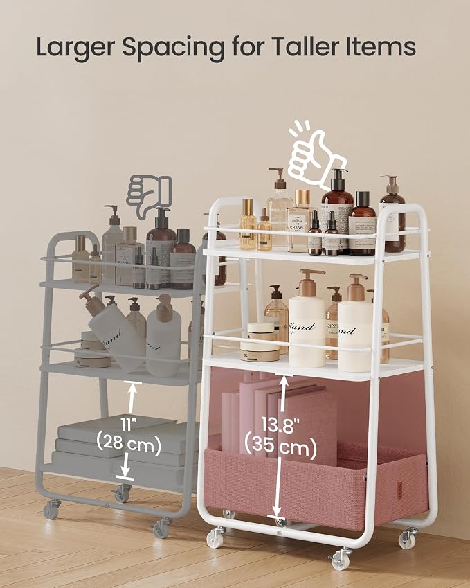 VASAGLE Storage Cart with Fabric Basket, 3-Tier Rolling Utility Cart | Cart with Wheels and Shelves, for Living Room, Bedroom, Kitchen, Cloud White, LILEA Collection ULRC001WB01 - Image 4