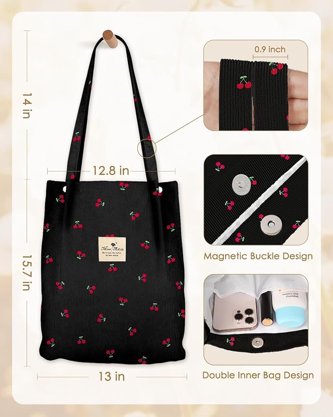 Miss Adola Designer Corduroy Tote Bag for Women | 3 Magnetic Buckles, Aesthetic Pattern, Reusable, Soft, Roomy Carry for Work, Travel, Grocery Runs - Image 5