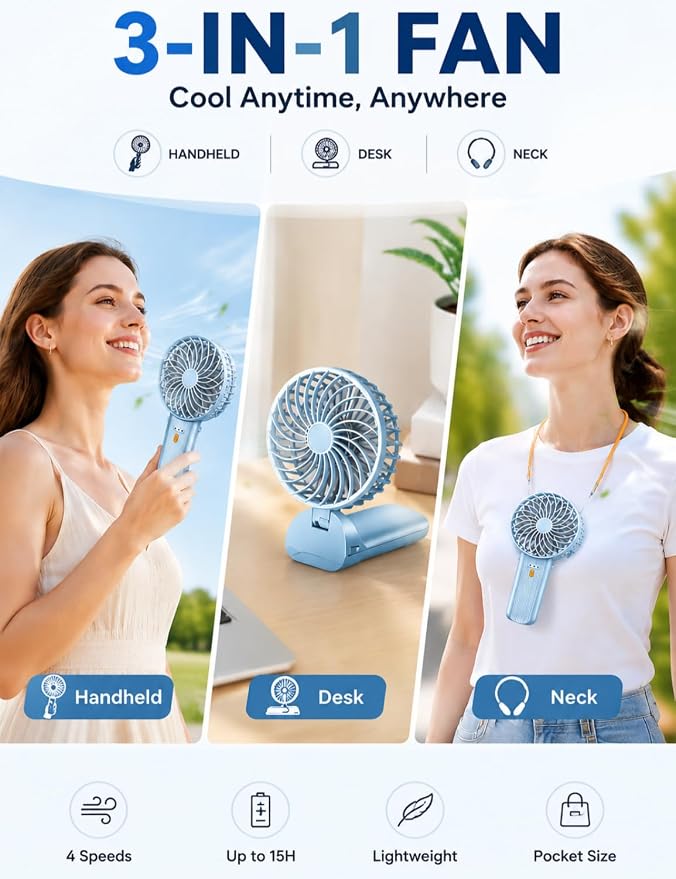 Portable Mini Fan, Quiet Foldable Fan with Lanyard | 4 Speeds, 15H Rechargeable Battery, Portable Pan for Travel, Home, Office, Outdoor, Makeup, Women, Men, Blue - Image 3