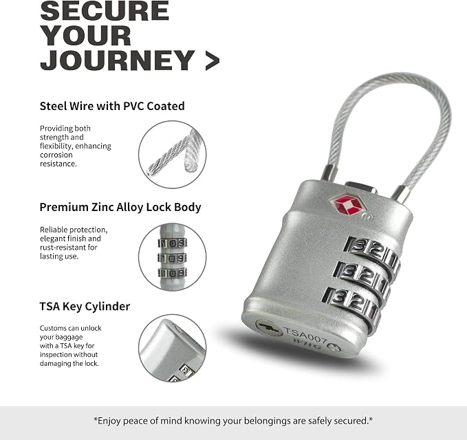 Luggage Locks TSA Approved, Small Padlock Combination with Cable, TSA Locks for Luggage, Combo Padlock with Code, for Travel Suitcase, Gym Locker, Gun Case, Backpack Zipper (Black+Silver) - Image 4