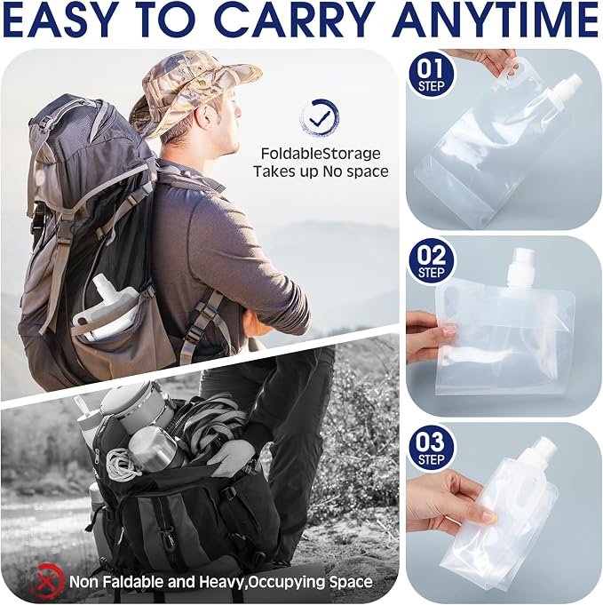 Maxdot 12 Pack 1L Collapsible Travel Water Bottles with Clip 33 oz Clear Foldable Water Pouch Container Bag for Hiking Backpacking Camping Travel Emergency - Image 3