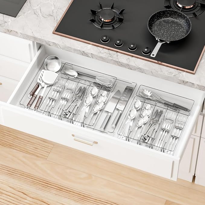 Clear Expandable Silverware Drawer Organizer - Adjust From 11'' to 22'' - Knife,Cutlery,Spoons and Forks Organizer,Large 8 Grid Flatware,Silverware Tray,Utensil Organizer for Kitchen Drawers - Image 6