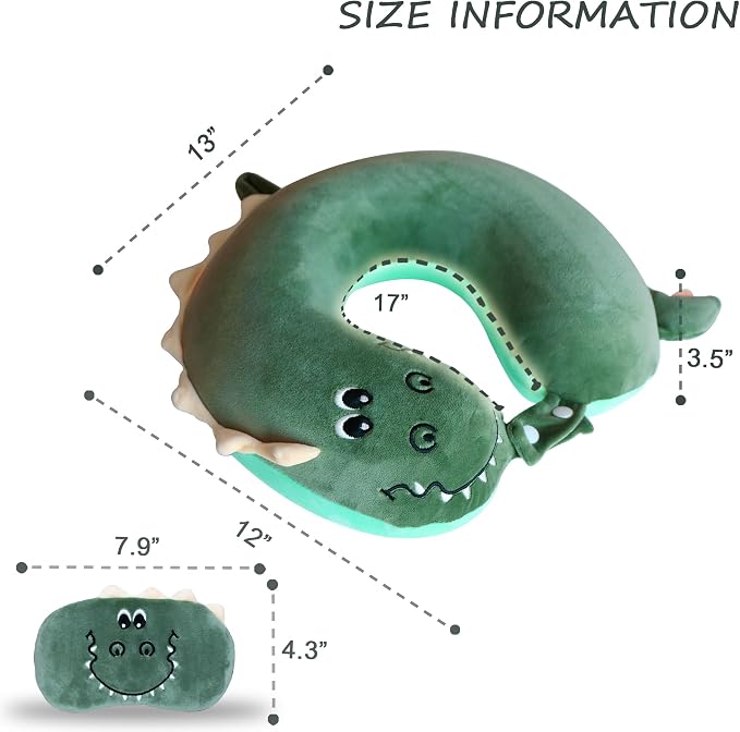 Sexysamba Cartoon Headrest & Neck Pillow for Kids Boys & Girls, Teens, Travel Accessories for Airplane, Car, Recline, Memory Foam Cute Travel Pillow with Sleep Eye Mask - Dinosaur - Image 2