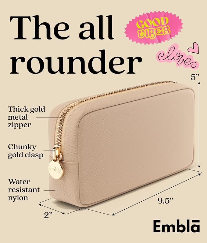 Embla Medium Travel Makeup Bag and Waterproof Nylon Travel Toiletry Bag with Smooth Zipper, Compact Slim Cosmetic Pouch, Beige - Image 2
