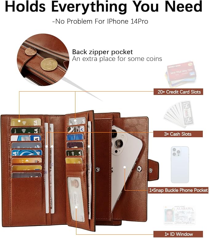 BOSTANTEN Womens Leather Wallet RFID Large Capacity Credit Card Holder | 20 Card Slots, Phone Holder, Zipper Coin Pocket, Clutch Wallet, Long Bifold, Ladies Gifts, Brown - Image 2