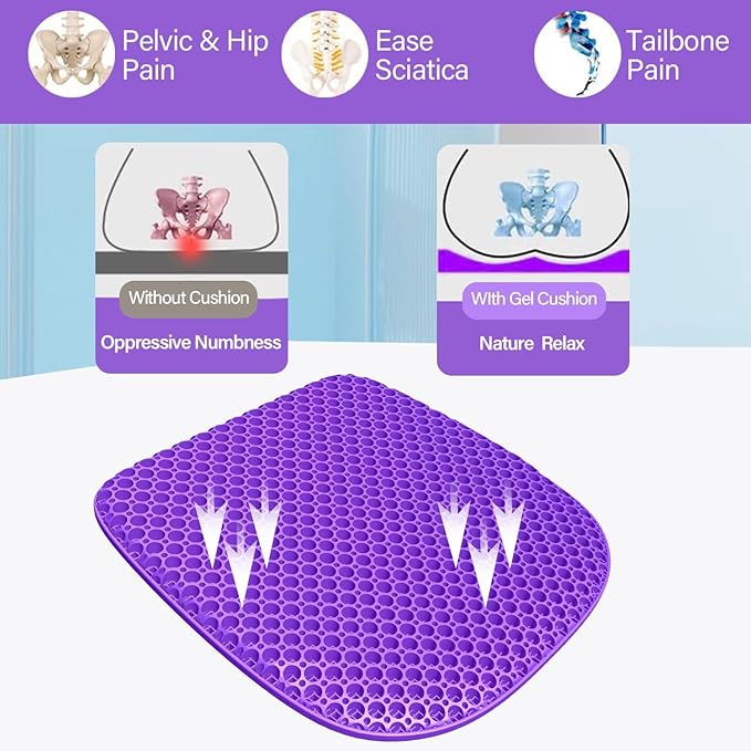 Gel Seat Cushion for Long Sitting Seat Pad For Car Office Chair Wheelchair | Cool & Breathable & Comfortable,Purple Gel Seat Cushion For Car,Chair,Car Seat Cushion Gel Seat Pad For Hip Pain - Image 4