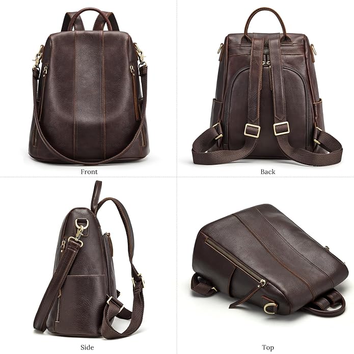 S-ZONE Leather Backpack Purses for Women Antitheft Rucksack Shoulder Bag Medium | Genuine Leather, Medium Fits 9.7-inch Tablet, for Work Travel Daily Commute, Multi Pockets, Adjustable Dual Straps - Image 7
