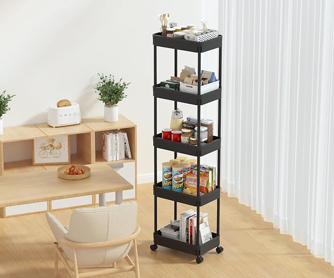 Sooyee 5-Tier Plastic Rolling Utility Cart with Wheels, Multi-Functional Storage Trolley for Office, Living Room, Kitchen, Movable Storage Organizer, Black - Image 2