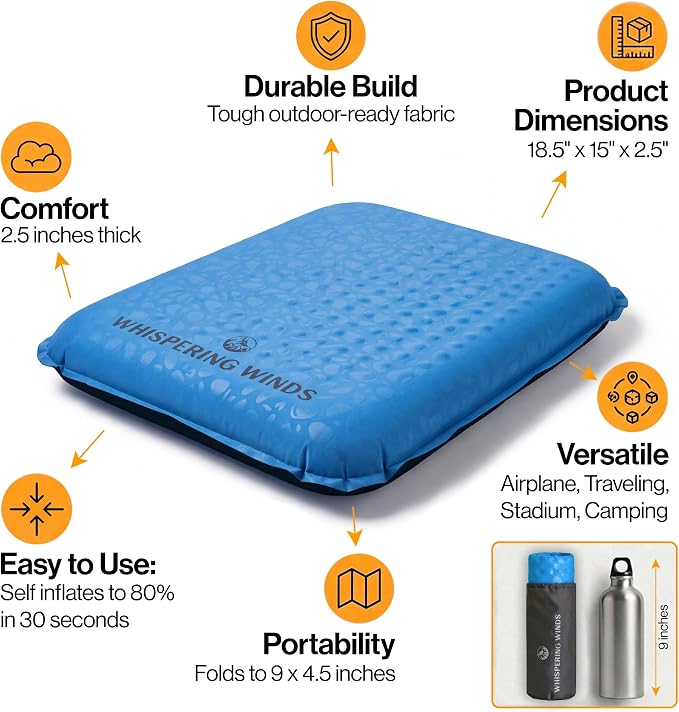 Whispering Winds Inflatable Seat Cushion | Comfortable & Packable Blow-up Foam Pad for Airplane Travel, Stadium Outdoors, Camping, Car & More - Image 3