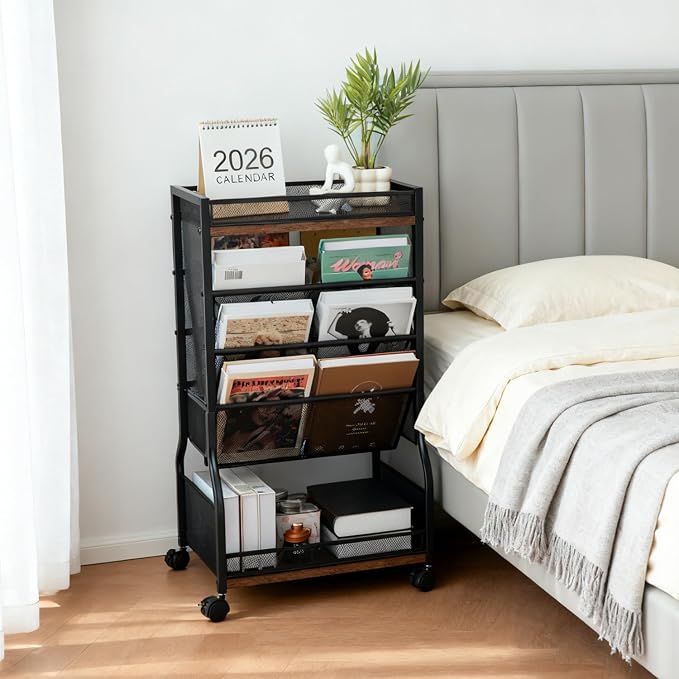8-Tier Rolling Book Cart with Lockable Wheels, Double-Sided Storage Bookshelf for Narrow Spaces, Mobile Organizer Cart for Office, Library and Home - Image 7
