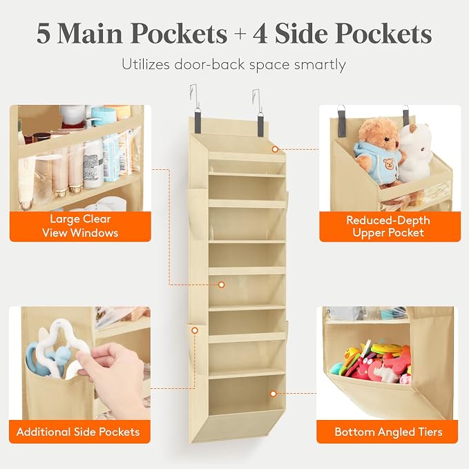 Lifewit 1 Pack Over the Door Organizer, Clear Window Hanging Storage with 4 Side Pockets, Anti Tilt 40 lbs Load Behind Door for Pantry, Nursery, Bathroom, Bedroom, Dorm, 5 Section, Beige - Image 3