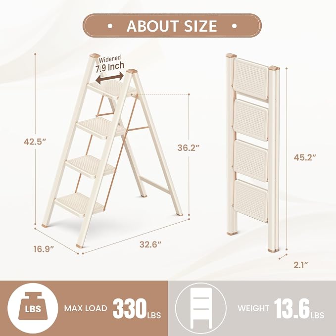 4 Step Ladder, Foldable Step Stool with Wide Anti-Slip Pedal | Portable, Sturdy Carbon Steel, 330LBS Capacity, Easy Storage, Space Saving, for Kitchen, Closet, Cream Chocolate - Image 7