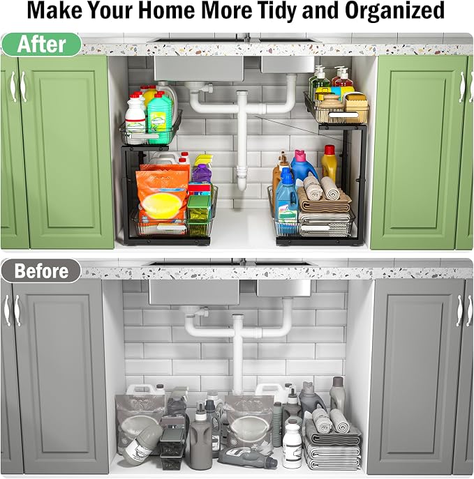 ARSTPEOE 2 Pack Double Sliding Under Sink Organizers and Storage,Two Tier Bathroom Storage and organization,Under Cabinet Organizer, Clear - Image 5