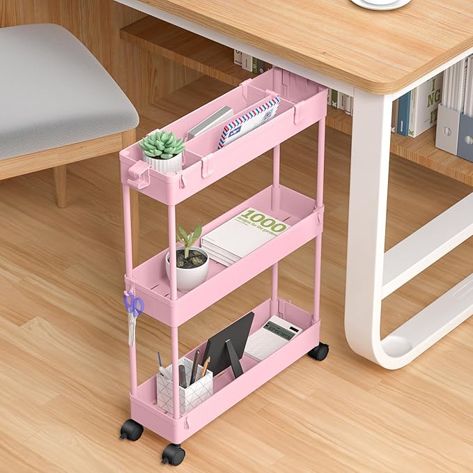 Slim Storage Cart 3 Tier,Bathroom Organizer Rolling Utility,Mobile Shelving Unit Slide Out for Office, Kitchen, Laundry Room & Narrow Places,Pink - Image 5