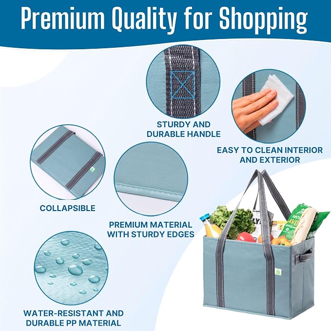 VENO 2 Pack Extra Large Reusable Grocery Shopping Bags Utility Tote | Water Resistant, Storage Box w/ Sturdy Side Handles & Hard Bottom, Foldable for Groceries Shopping Cart(Blue, 8 Gallon) - Image 4