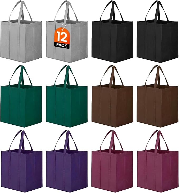 12 Pack Reusable Grocery Shopping Bags Large Foldable Tote Bags Bulk | Eco Produce Bags with Long Handle for Shopping Groceries Clothes (6 Assorted Colors) by WiseLife