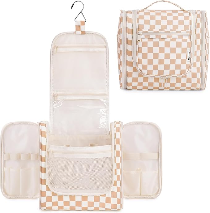 Narwey Checked Hanging Travel Toiletry Bag for Women, Travel Bag for Toiletries, Makeup Bag Organizer Cosmetic Bags Make Up Bags for Women (Light Checkerboard) by Narwey