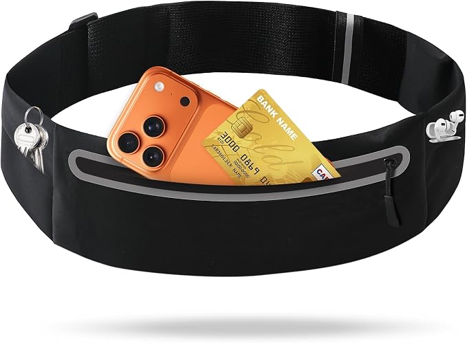 Slim Running Belt for Women Men,Phone Holder Waist Pack,Runners Fanny Pack | No-Bounce,Sweat-Proof Pocket,Travel Money Pouch for Gym/Hiking/Cycling,Three pocket,Two Highly Reflective Strips by Unknown