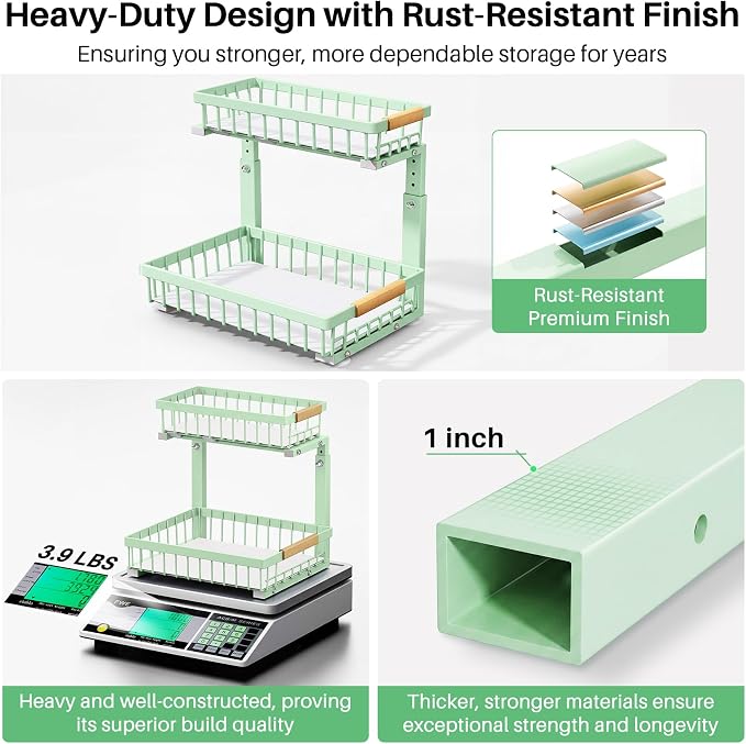 Kitstorack Under Sink Organizer, 2 Tier Under the Sink Storage, Slide out Pull out Cabinet Organizer Shelf, Metal Sliding Drawer for Kitchen Bathroom Pantry Closet Organization Rack, Green, 1 Pack - Image 7