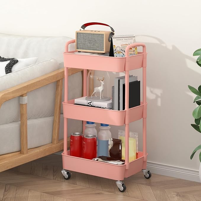Sywhitta 3-Tier Plastic Rolling Utility Cart with Wheels for Storage, Pink | Multi-Functional Storage Trolley, for Office, Living Room, Kitchen, Bathroom,Movable Organizer,Space-Saving,Easy to assemble - Image 3