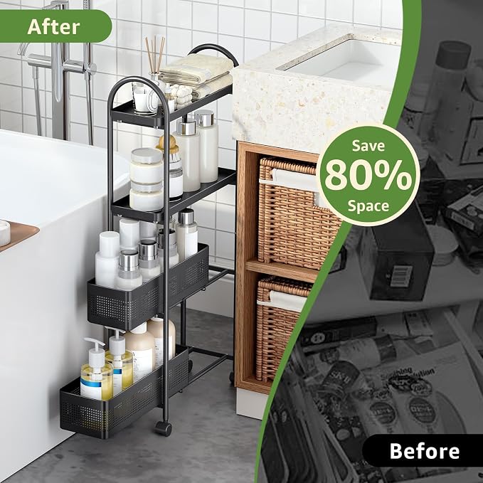 KINGRACK 4 Tier Slim Rolling Cart with Drawer, Metal Utility Storage Cart | 2 Pull-out Baskets, Lockable Wheels, Narrow Space Trolley Organizer for Bathroom, Kitchen, Office, Dorm, Laundry Room, Black - Image 7