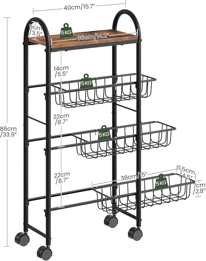 Slim Storage Cart, Storage Shelf on Wheels, Storage Rack with Pull-Out Baskets, Movable Cart with Handles, for Kitchen, Laundry Room, Living Room, Black and Rustic Brown TTC05BF - Image 4