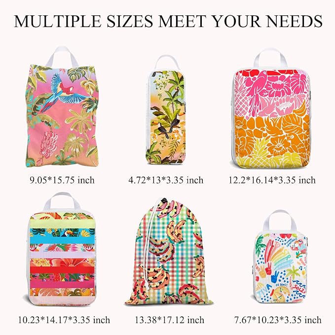 6 Pcs Compression Packing Cubes Waterproof Suitcase Travel Bag Luggage Backpack Organizer Travel Cubes for Packing-Tropical Banana - Image 2