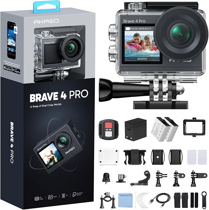 AKASO Brave 4 Pro Action Camera 4K 30fps Waterproof Underwater Camera | 20MP, EIS, 5X Zoom, Slow Motion, Touch Screen, Ultra Hd Sport Camera for Snorkel, Travel, Bicycle, Helmet Accessories Kit by AKASO