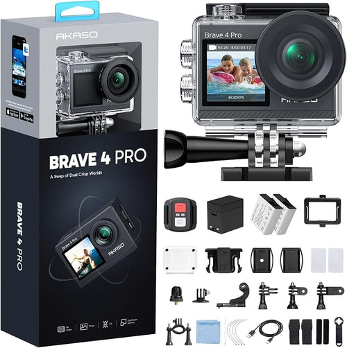 AKASO Brave 4 Pro Action Camera 4K 30fps Waterproof Underwater Camera | 20MP, EIS, 5X Zoom, Slow Motion, Touch Screen, Ultra Hd Sport Camera for Snorkel, Travel, Bicycle, Helmet Accessories Kit by AKASO