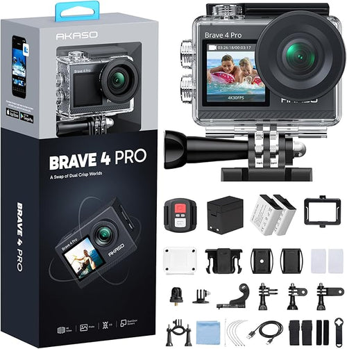 AKASO Brave 4 Pro Action Camera 4K 30fps Waterproof Underwater Camera | 20MP, EIS, 5X Zoom, Slow Motion, Touch Screen, Ultra Hd Sport Camera for Snorkel, Travel, Bicycle, Helmet Accessories Kit by AKASO