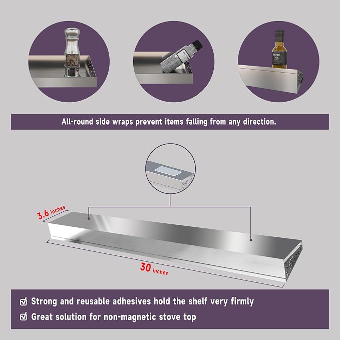 STUTOV Stove Shelf for Stove Top, Spice Rack Organizer, Easy Installation, Kitchen Storage Solution, with Standard 30" Length, Brushed Stainless Steel, Non Magnate (Stainless Steel) - Image 5