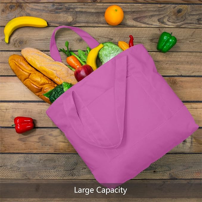 TOPDesign 6-Pack Canvas Tote Bags with an External Pocket, Reusable Grocery Shopping Bags, Top Zipper Closure, Daily Essentials (Light Purple) - Image 3